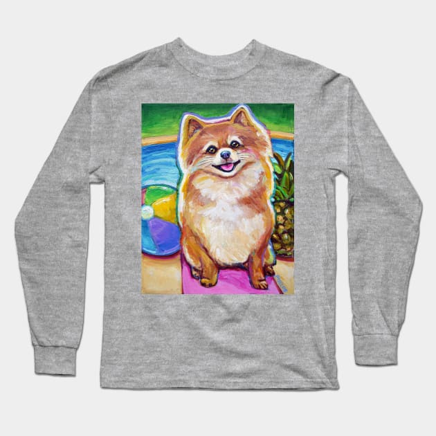 Super Cute Poolside Pomeranian by Robert Phelps Long Sleeve T-Shirt by RobertPhelpsArt